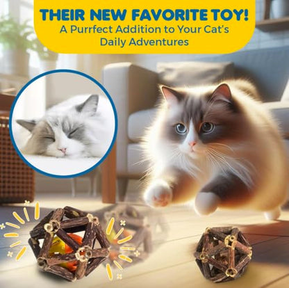 SunGrow Silverine Balls for Cats, Engaging and Interactive Pet Enrichment, Gall Fruit, Catnip, Bell Ball, Cool Pal Feline Toy, Christmas Stocking Stuffers, Brown, 2.5” (Diameter), 3 Pieces per Set