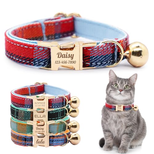 Personalized Plaid Cat Collar with Bell - Non-Breakaway Custom Polyester Kitten Collar with Engraved Name & Phone Number (Pattern 10, S (6.5-10.5 Inches)) - color: Pattern 10, size: S (6.5-10.5 Inches)