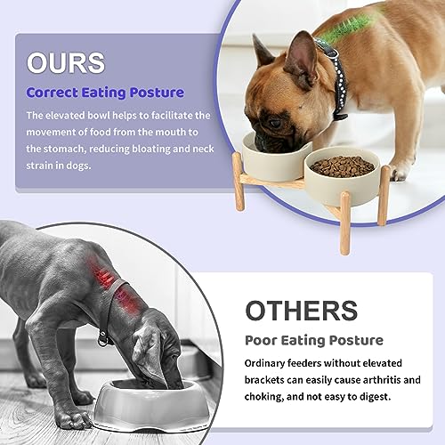 SPUNKYJUNKY Ceramics Raised Bowls with Wooden Stand - Elevated Dog Food and Water Bowl (Double 28.7OZ, Grey) - color: Grey (Double Bowls Set), size: Medium - 3.6 CUPS