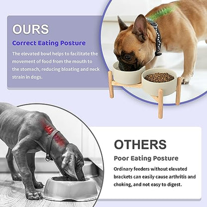 SPUNKYJUNKY Ceramics Raised Bowls with Wooden Stand - Elevated Dog Food and Water Bowl (Double 28.7OZ, Grey) - color: Grey (Double Bowls Set), size: Medium - 3.6 CUPS