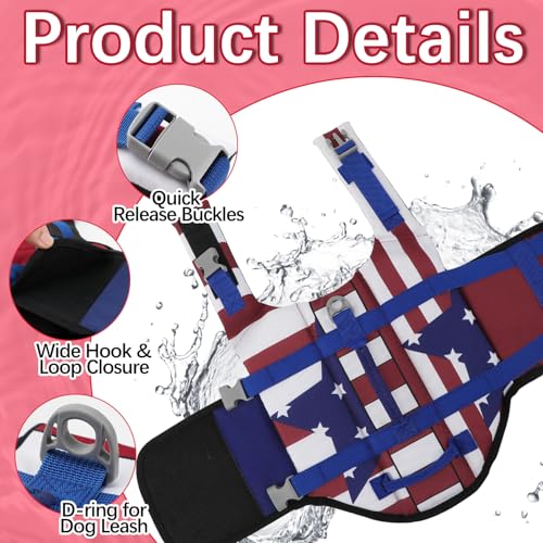 EMUST Dog Life Vests, Adjustable Dog Life Jacket with Rescue Handle, Dogs Flotation Vest for Small/Medium/Large Dogs, XS, FlagStar - color: FlagStar, size: XS