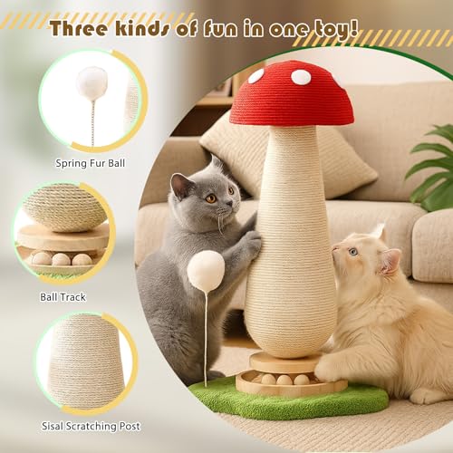 Mushroom Cat Scratcher Tower, Interactive Ball Track Spring Ball Cat Scratching Post, Sisal Kitty Activity Center for Indoor Cats & Kittens, Sturdy Wide Base 25.2 Inch - Red