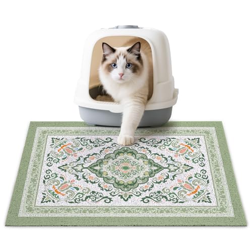 Cat Litter Mat 24" x 15" Non-Slip Litter Box Mat Washable Litter Catcher Mat for Litter Box Indoor Food Mat Supplies Essentials, DarkSeaGreen - color: DarkSeaGreen, size: 24X15in