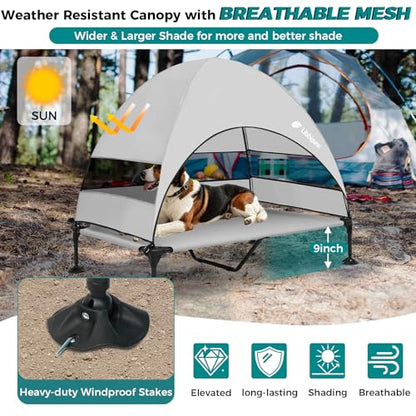 Windproof Elevated Dog Bed with Canopy & Stakes, 3-Sided 90% UV Block, Chew-Proof Teslin Mesh Mat for Large Dogs up to 150lbs(Grey X-Large) - color: Grey, size: X-Large