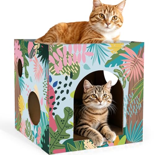 Cinrobiye Cardboard Cat House with 2 Pcs Scratching Pad，Pet Hideaway Cave Board Bed Playhouse Condo Box Decor Small Animals Scratcher Bed for Indoor Cats Kittens Rabbits Bunny - color: Green