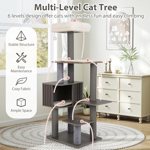 PETSITE 59.5 Inches Modern Cat Tree, Multi-Level Cat Tower with Scratching Posts, Large Condo with Removable Pad, Cushioned Soft Top Perch, and Interactive Dangling Ball (Grey) - color: Grey