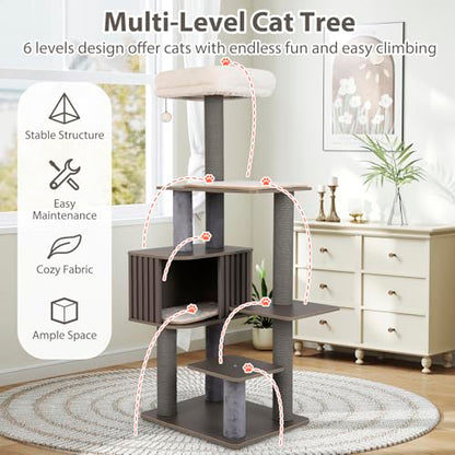 PETSITE 59.5 Inches Modern Cat Tree, Multi-Level Cat Tower with Scratching Posts, Large Condo with Removable Pad, Cushioned Soft Top Perch, and Interactive Dangling Ball (Grey) - color: Grey
