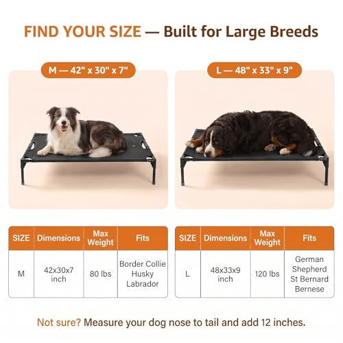 Petsfit Elevated Dog Bed for Large Dogs – Patented Anti-Sag Tension Bar, Cooling Raised Dog Cot for Outdoor/Camping/Indoor, Teslin Mesh, Non-Slip Frame, 42" - size: M-42"