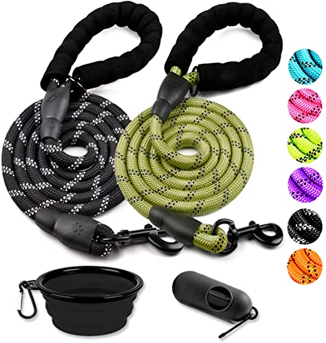 2 Pack Dog Leash 6 FT Heavy Duty - Comfortable Padded Handle - Reflective Dog Leash for Medium Large Dogs with Collapsible Pet Bowl - color: Set 8-Black+Olive, size: 1/2"x 6 FT (18~120 lbs.)