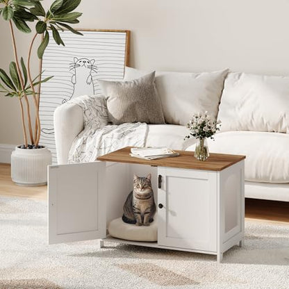HOOBRO Litter Box Enclosure, Cat Litter Box Furniture with Removable Divider, Hidden Litter Box Furniture, Wooden Cat House, End Side Table, 31" L x 17.5" W x 19.7" H, White and Walnut WH03MW01G2 - color: White + Walnut