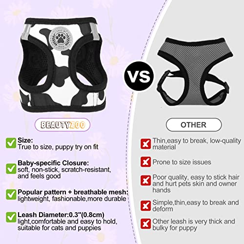 BEAUTYZOO Small Dog Harness and Leash Set, Cow Print Step in Dog Harness No Pull No Choke Puppy Harness Reflective for XXS XS S Dogs Cats, Soft Padded Mesh Vest Harnesses Girl and Boy Pets - color: Black White, size: Small(Chest Girth 14.5" - 16")