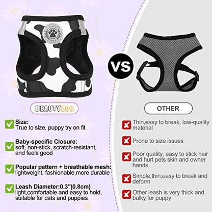 BEAUTYZOO Small Dog Harness and Leash Set, Cow Print Step in Dog Harness No Pull No Choke Puppy Harness Reflective for XXS XS S Dogs Cats, Soft Padded Mesh Vest Harnesses Girl and Boy Pets - color: Black White, size: Small(Chest Girth 14.5" - 16")