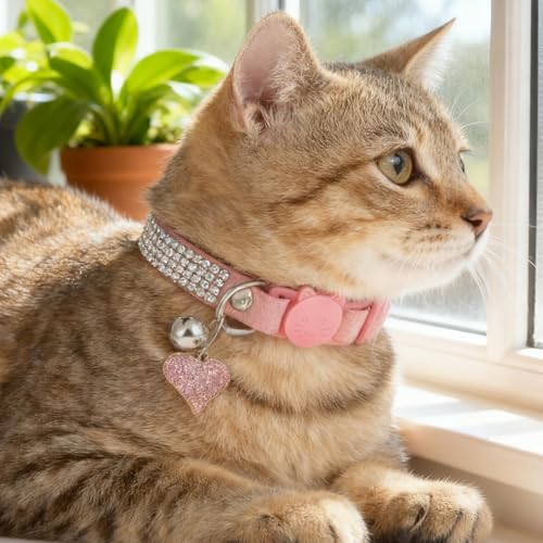 2 Pack Rhinestone Kitten Collar with Bell, Cat Collar with Rhinestone Bell, Adjustable Soft Fancy Bling Safety Cute Comfy Diamond Collars for Tiny Cats, Small Dogs, Rabbits (Pink, Black)
