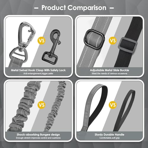 AUBELL Tactical Dog Leash Heavy Duty,4-6ft Reflective Strong No Pull Bungee Leash for Medium Large Dogs with Comfortable Padded Double Handle,Car Seat Belt,360 Degree Rotating Carabiner,Grey - color: M/L-Grey(4-6FT)
