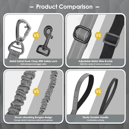 AUBELL Tactical Dog Leash Heavy Duty,4-6ft Reflective Strong No Pull Bungee Leash for Medium Large Dogs with Comfortable Padded Double Handle,Car Seat Belt,360 Degree Rotating Carabiner,Grey - color: M/L-Grey(4-6FT)