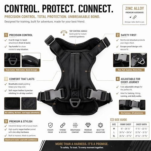 CANAGAN Premium Vegan Leather Dog Harness for Large Dogs – Adjustable, No-Pull, Escape-Proof, Dual Leash Rings & Top Handle, Zinc Alloy Buckles – Perfect for Urban & Outdoor Walks - size: L: Chest(22" - 32")
