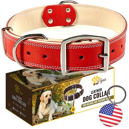 ADITYNA Heavy-Duty Leather Dog Collar for Extra-Large Dogs - Soft Padded for Comfort - XL Dog Collar for Walking, Training, and Hiking - color: Red, size: Extra-Large: Fit 22-30" Neck