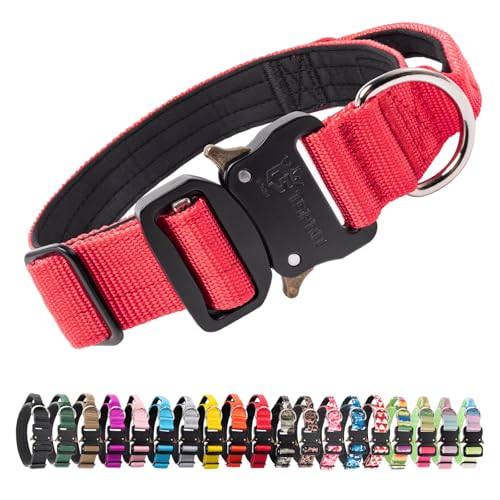 TSPRO Premium Dog Collars Tactical Dog Collar with Handle and Heavy Duty Quick-Release Metal Buckle Durable Thick and Adjustable for Medium to Large Dogs (Red M) - color: Basic Red, size: Handle-Equipped M (14.5"-18" Adjustable)