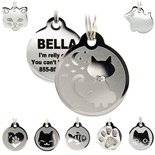 Stainless Steel Cat ID Tags - Engraved Personalized Cat Tags includes up to 4 Lines of Text with Kitty Shape