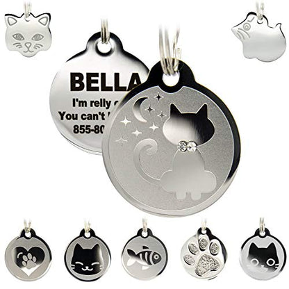 Stainless Steel Cat ID Tags - Engraved Personalized Cat Tags includes up to 4 Lines of Text with Kitty Shape