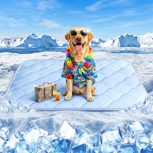 Dog Cooling Mat for Large Dogs, Long-Lasting Cool Pad for Dogs Outdoor & Indoor Use with Ice Silk Fabric & Waterproof Cover, Summer Cooling Pet Bed 36" x 26", Non-Slip Washable Pet Blanket - color: Blue Wave Stitching, size: Large