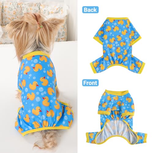 Dog Pajamas Small Sized Dogs Stretchable Summer Dog Clothes Pjs 4 Legs Girl Boy Cute Soft Puppy Outfits Doggie Cat Jammies Jumpsuit Sleeper for Pet, Blue Duck, L - color: Blue Duck, size: Large (Chest 17in )