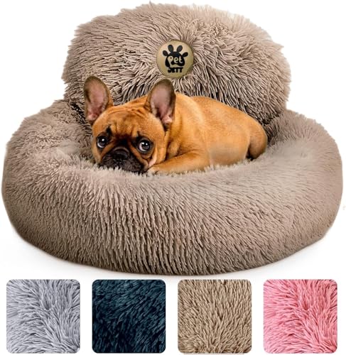 PetJett Calming Dog Beds for Small Dogs – 23" Donut Dog Beds, Anti-Slip & Washable Puppy Bed - Fluffy Plush Faux Fur Pet Bed, Anti-Anxiety Premium Comfort Round Pillow, Fits Dogs up to 25 lbs – Beige - color: Beige, size: Small - 23”L x 23”W x 8”Th