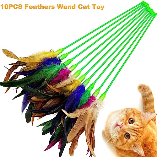 Interactive Cat Wand Feather Toys, 10 Pieces Feathers Stick Cat Toys for Indoor Cats Play - color: 10PCS Cat Wand Toys