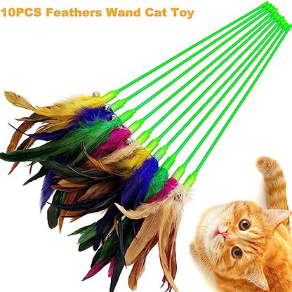 Interactive Cat Wand Feather Toys, 10 Pieces Feathers Stick Cat Toys for Indoor Cats Play - color: 10PCS Cat Wand Toys
