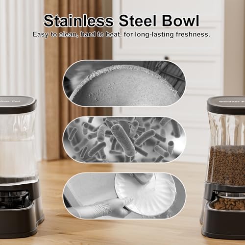 Automatic Pets Gravity Feeder and Water Dispenser Set with Stainless Steel Bowl, 1Gallon x 2 Stable Dog Food Feeder and Waterer, 100% BPA-Free for Small&Medium Dogs, Cats, Puppies(Black) - color: Black, size: 1 Gallon (Water & food dispenser)