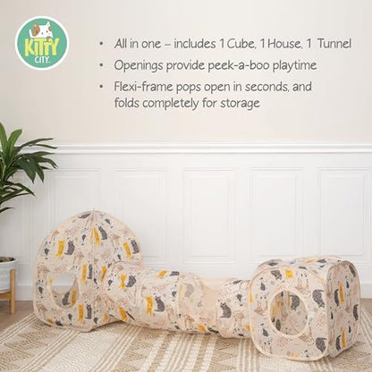 Kitty City Light Pink Cat-Themed Cat Play Furniture Set, Collapsible Pop-Up Cat Toys Combo with Cube, Tunnel & House, Indoor Cat Playground for Play, Hiding & Lounging - color: J) Cat Print Play Combo (Pink)
