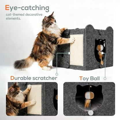 Yesday Detachable Felt Cat Bed Condo Shelter House for Indoor Use, Durable and Warm Flannel, Cozy Shelter with Built-in Scratching Board and Bonus Cat Toys (Black) - color: Black