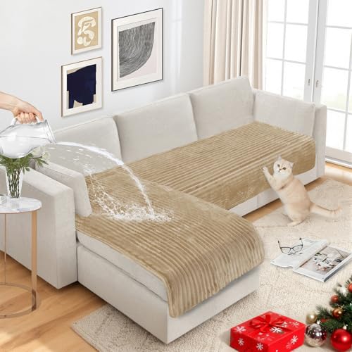 NAISI Couch Covers for Dogs Waterproof Flannel Striped Sofa Cover Pet Friendly Washable Dog Mat for Couch Anti Slip Sectional Sofa Slipcover Protector(2pcs/35"x63"+35"x70",Camel) - color: Camel, size: 2pcs/35"x 63"+35"x 70"