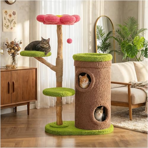 PETEPELA Modern Cat Tree for Indoor Cats Large Adult w/Flower Perch, 53.5" Flower Cat Tower with Solid Wood Scratching Post & Cozy Condos, Forest Cat House for Multi-Cat Household - color: Forest Brown