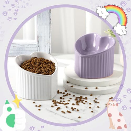 Mumufy 2 Pcs Ceramic Elevated Cat Bowls Tilted Elevated Raised Pet Bowls Anti Vomit Cat Dish for Indoor Stress Free Water Dish Feeder for Puppies, Heart Shaped(White, Purple) - color: White, Purple