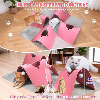 35.4" Large Interactive Felt Cat Activity Play Mat – Ripple Style Hide & Seek Tunnel with Hanging Ball, Foldable Snuffle Mat for Indoor Cats, Kittens, Rabbits, Small Pets, Pink - color: Grey-Pink