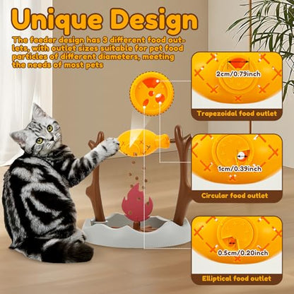 Cat Puzzle Toy - Cat Treat Dispensing Slow Feeder with 3 Dispensing Holes, Rotatable Roast and Flame Interactive Cat Treat Dispenser Toy, Enrichment Interactive Stimulation Toy for Indoor Kitty