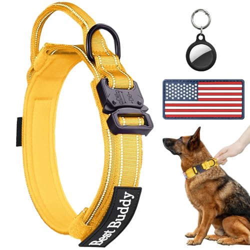 AUBELL Reflective Tactical Dog Collar,Adjustable Military Heavy Duty K9 Collars with Handle and Quick Release Metal Buckle Great for Medium Dogs, with Airtag Case and 2 Patches (Yellow,M) - color: Yellow, size: M(13.5"-17")