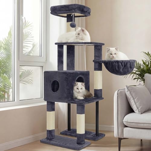 Heybly Cat Tree, 49.2 Inches Cat Tower for Indoor Cats, Spacious Cat House Condo with Hidden Space，Sturdy Steel Tube，Soft Plush Top Perch，Cozy Hammock and Sisal Scratching Posts, Smoky Gray HCT200SG - color: Smoky Gray, size: 49.2 inch