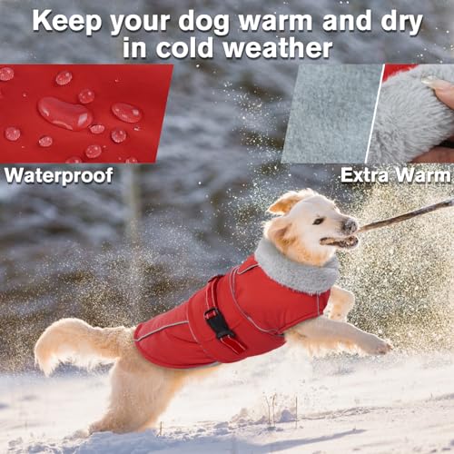 Lelepet Warm Dog Coat Waterproof Dog Jacket Reflective Fleece Vest with Adjustable Buckle Hook & Loop, Windproof Winter Jacket Dogs Coats for Small Medium Large Dogs, Red, M - color: Red, size: M