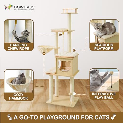 BOWHAUS 64” Wooden Cat Tree Tower for Indoor Large Cats & Kittens, Modern Tall Cat Climbing Tree w/Cave Condo, Scratching Posts, Hammock, Multi-Level Cat Tower w/Interactive Toy & Detachable Cushion