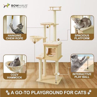 BOWHAUS 64” Wooden Cat Tree Tower for Indoor Large Cats & Kittens, Modern Tall Cat Climbing Tree w/Cave Condo, Scratching Posts, Hammock, Multi-Level Cat Tower w/Interactive Toy & Detachable Cushion