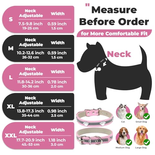 PETCARE Reflective Dog Collar with Cute Paw Rivet Studded Funny Soft PU Leather Adjustable Puppy Dog Collars for Small Medium Large Dogs Cats (Pink,Medium) - color: Pink, size: M( Neck 10.23"-12.59")