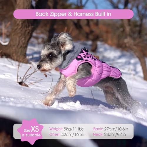 FUAMEY Dog Coat for Small Dogs,Waterproof Dog Winter Jacket with Harness Built in Puppy Cold Weather Coats Reflective Pet Vest with Zipper Warm Fleece Dogs Snowsuit Windproof Pink Leopard XS - color: Pink Leopard, size: XS(chest:14in)