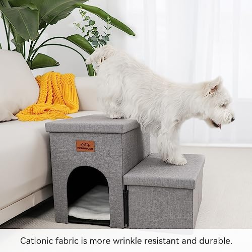 Zerbuger Dog Stairs 15" H, 2-Step Wider Dog Steps for Small/Medium/Large Old Dogs Cats, Folding Sturdy Storage Pet Stairs Climbing Bed Couch, Dog Ramp for Car Hold Up to 150 lbs(Gray, with Condo)