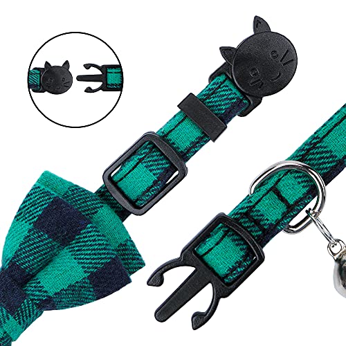 Faleela Breakaway Cat Collar with Bells - 2 Pack Cat Collar with Bells, Cat Collars with Bandana, Accessories for Pet Collars, Adjustable for Cats and Small Dogs - color: Green bow+bandana