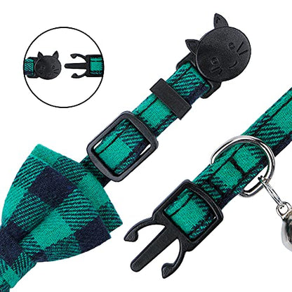 Faleela Breakaway Cat Collar with Bells - 2 Pack Cat Collar with Bells, Cat Collars with Bandana, Accessories for Pet Collars, Adjustable for Cats and Small Dogs - color: Green bow+bandana