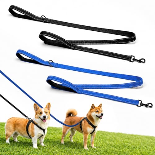 2 Pack Dual Handle Dog Leash, 6ft x 1in Heavy Duty Reflective Nylon Leash with Padded Grip, Traffic Handle, D-Ring, Tangle-Free Dog Lead for Small, Medium & Large Dogs, Safe Night Walks (Black+Blue) - color: 2PCS-Black+Blue