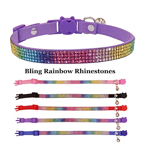 THAIN Bling cat Kitten Collar Rainbow Rhinestone Breakaway Diamond with Bell Soft Velvet Quick Release (Purple) - color: Purple