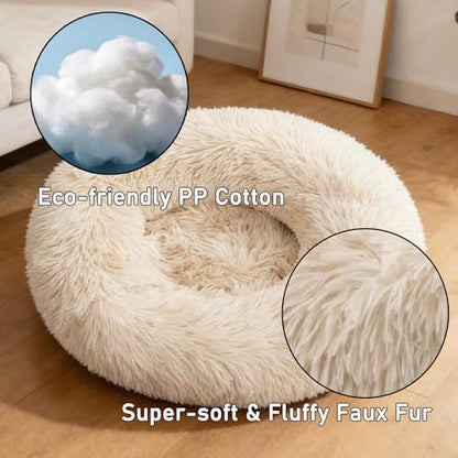 Calming Donut Dog Beds for Small Dogs Cats - Washable Removable Cover Non-Slip Bottom, Round Pet Bed Puppy Bed Warming Fluffy Faux Fur Anti-Anxiety, Fits up to 25 lbs (Beige, 23") - color: Beige, size: 23"L x 23"W x 8"Th